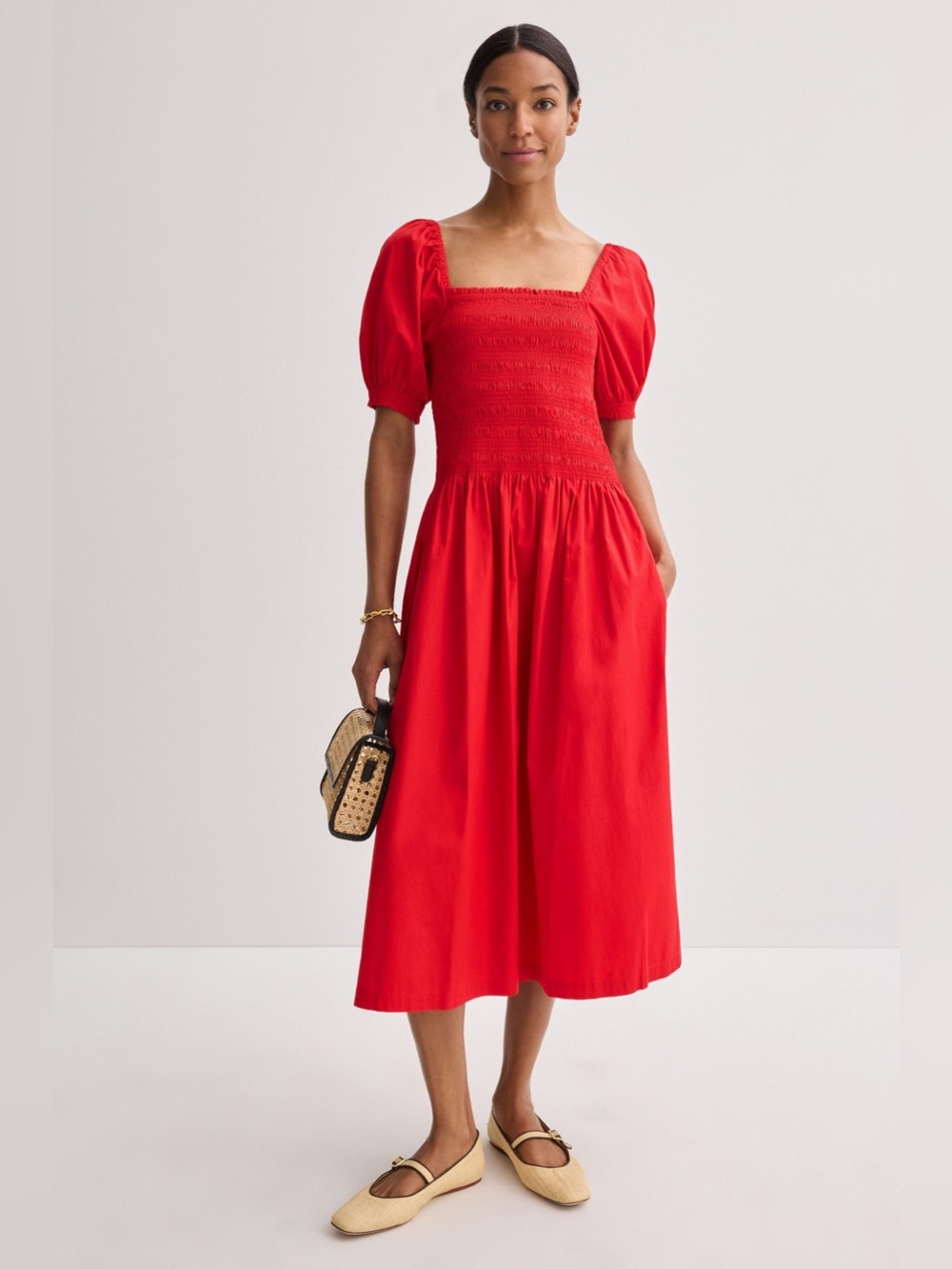 Madewell Smocked Red Puff Sleeve Midi Dress
